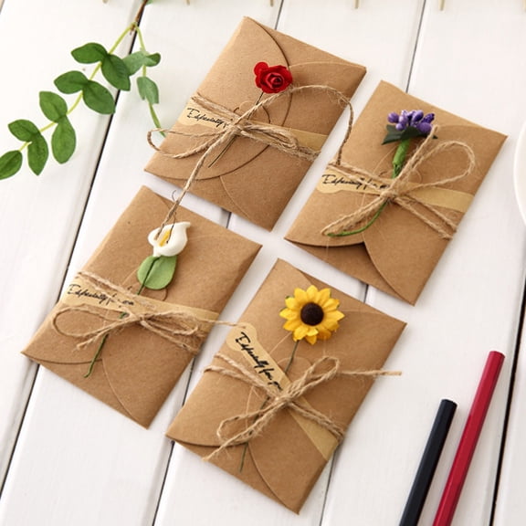 FEOLGEHLY 4Packs Dried Flowers Greeting Card with Envelopes, Brown Retro Kraft Holiday Gift Card, DIY Invitation Wish Card Note Card Thank You Card for Birthday Christmas Valentine's Day