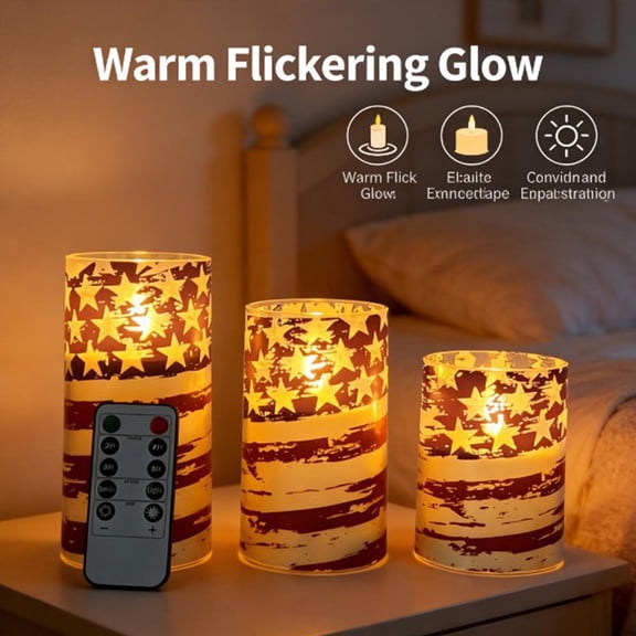 FEOLGEHLY 4th of July Decorations, 3 Pack Red White Blue Flameless LED Birthday Candles, Plastic Remote Control Safe Ambient Light Set, Independence Day Memorial Day Veterans Day Home Party Decor