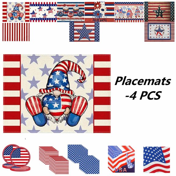 FEOLGEHLY 4th of July Decorations, 4 Pcs Independence Day Placemats, 17.7x11.8 Inch Polyester Patriotic Table Mats, Heat Resistant Washable, for Memorial Day Veterans Day Dining Home Decor