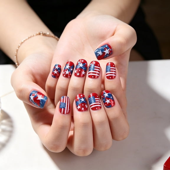 FEOLGEHLY 4th of July Decorations, 4th Of July Press On Nails Patriotic Red Blue Glitter Fake Nails Star Spangled Short False Nails Set Independence Day Removable Nail Tips 24pc