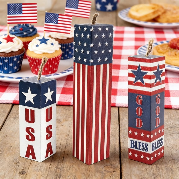 FEOLGEHLY 4th of July Decorations, Independence Day Home Decor, Patriotic 4th Of July Wooden Block Decor Set US A Star Strip Es Table Centerpiece for Independence Day Veterans Day