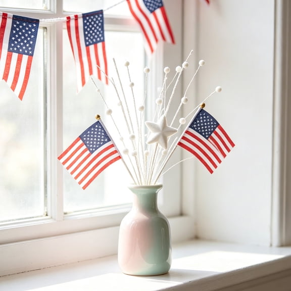 FEOLGEHLY 4th of July Decorations, Memorial Day Decorations, 1PC Independence Day Decoration Star Berries Gold Powder Cuttings Red White Blue Sequins Holiday Decorations Simulated Plants WH