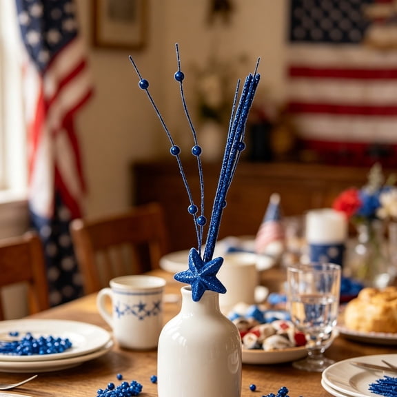 FEOLGEHLY 4th of July Decorations, Memorial Day Decorations, 1PC Independence Day Decoration Star Berries Gold Powder Cuttings Red White Blue Sequins Holiday Decorations Simulated Plants BU
