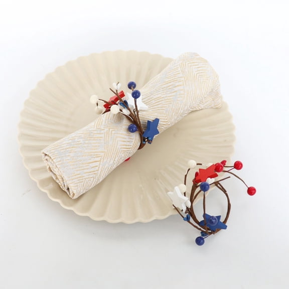 FEOLGEHLY 4th of July Memorial Day Decorations, Napkin Ring Hotel Dining Table and Red Wine Bottle Decoration Circles Candle Ring Theme Red White Blue Star Shaped Embellishment Napkin Ring