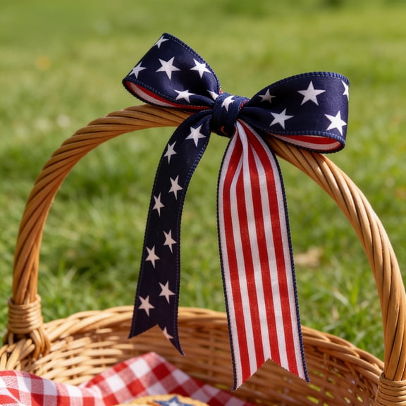 FEOLGEHLY 4th of July Decorations, USA Flag Doubles Sided Faux Linen Wired Ribbon 5 Yards Patriotic Star Stripe Ribbon Roll for Fourth Of July Independence Day Wreath Bow Crafts Decor
