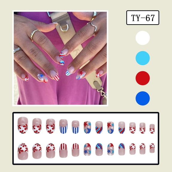 FEOLGEHLY 4th of July Press-on Nails 24Pcs Patriotic Short Oval Fake Nails with Red White Blue Stripe and Star Pattern Glossy Reusable Adhesive Tabs for Independence Day (multicolor)