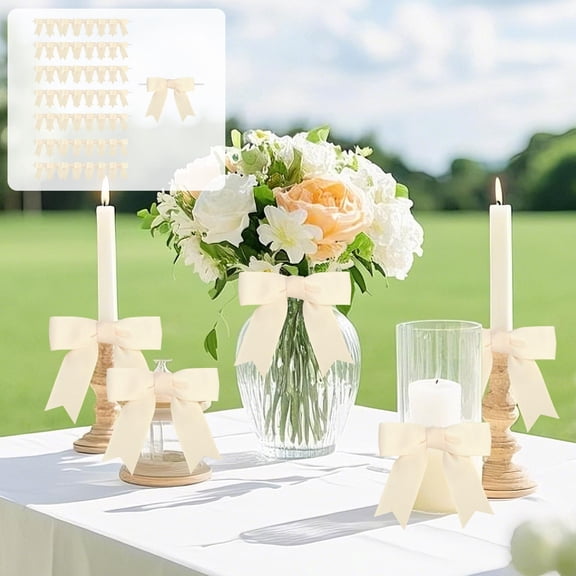 FEOLGEHLY 50 Pcs 3 inch Grosgrain Ribbon Twist Tie Bows Pretied Premade Craft Bows for Treat Bags Gift Wrapping Basket Wedding Baby Shower Brithday Valentine's Day Decorations, Beige