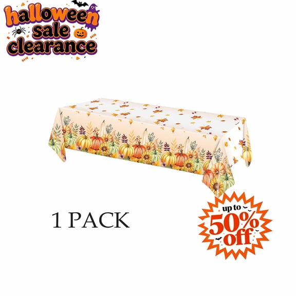 FEOLGEHLY 54x108 inch Thanksgiving Fall Pumpkin Leaves Table Cloth Set of 1, Disposable Autumn Table Cloth, Thanksgiving Day Dinnerware for Thanksgiving Halloween Fall Decorations