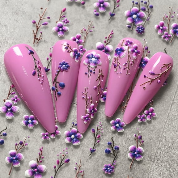 FEOLGEHLY 5D Embossed Purple Flower Nail Stickers, 3D Relief Floral Self-Adhesive Nail Art Decals for DIY Manicure Decorations