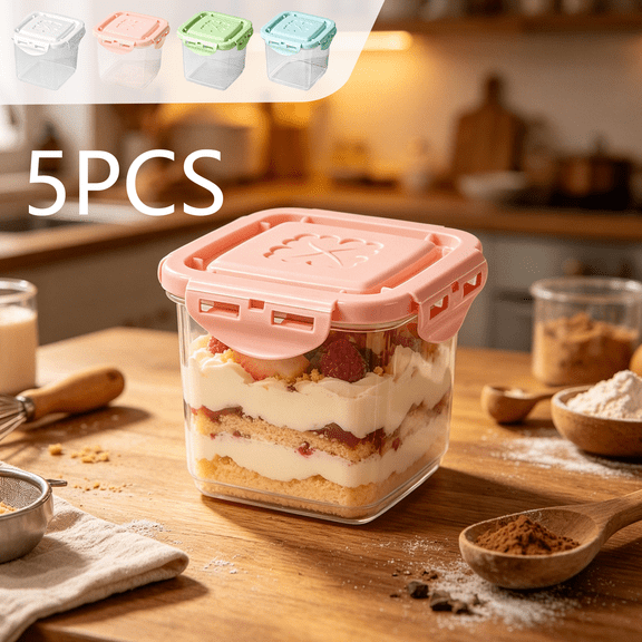 FEOLGEHLY 5PCS Food Storage Containers with Lids Airtight, Clear Plastic Storage Bins for Household, Store, Kitchen, Stackable Portable Storage Containers for Yogurt, Ice Cream, Dessert, Sauce (C)