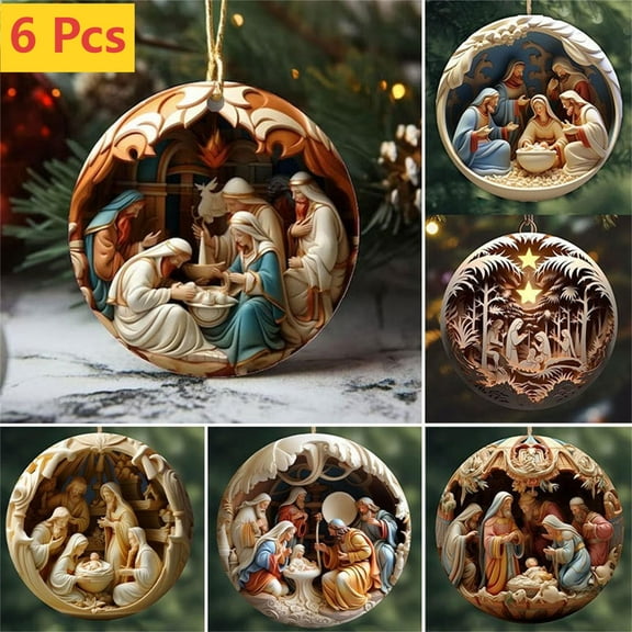 FEOLGEHLY 6 Pack Christmas Nativity Set, Nativity Scene Ornaments - 3D Effect Print Acrylic Reusable Christmas Tree Nativity Scene Hanging Ornaments, The Birth of Jesus Decorations Indoor
