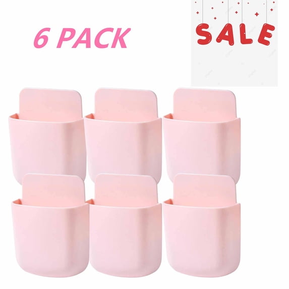 FEOLGEHLY 6 Pcs Remote Control Holder Wall Mounted, Self-Adhesive Wall Mount Phone Pen Pencil Makeup Brushes Glasses Holder Storage Box Organizer for Wall Beside Table, Pink