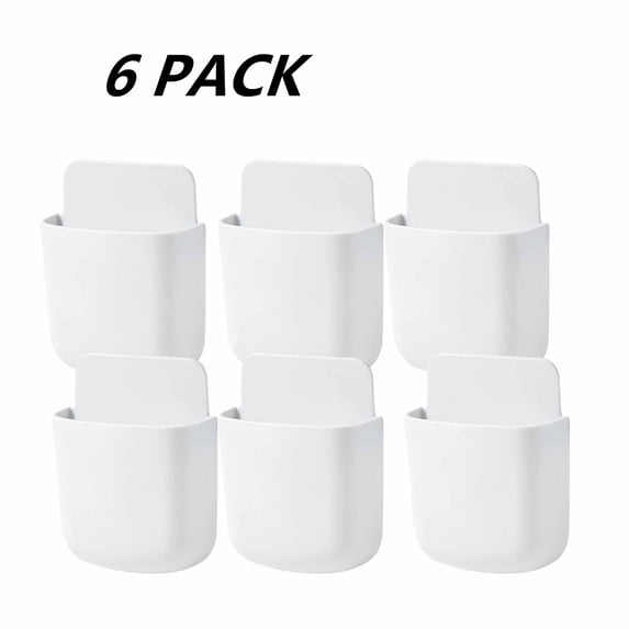 FEOLGEHLY 6 Pcs Remote Control Holder Wall Mounted, Self-Adhesive Wall Mount Phone Pen Pencil Makeup Brushes Glasses Holder Storage Box Organizer for Wall Beside Table, White