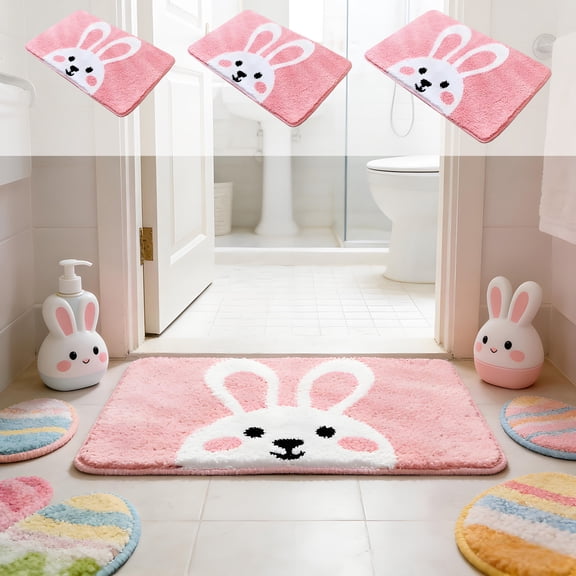 FEOLGEHLY 60x40cm Easter Bunny Floor Mat, Pink Polyester Door Mat for Bedroom Porch Dorm, Non-Skid Absorbent Entryway Rug for Home Kitchen, Cute Spring Holiday Decoration