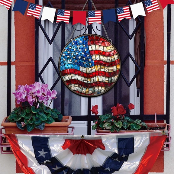 FEOLGEHLY 8 Inch Patriotic Acrylic Stained Glass Window Hanging Decor 4th of July Memorial Day American Flag Red White and Blue Acrylic Suncatcher for Independence Day Home Art Wall Decor
