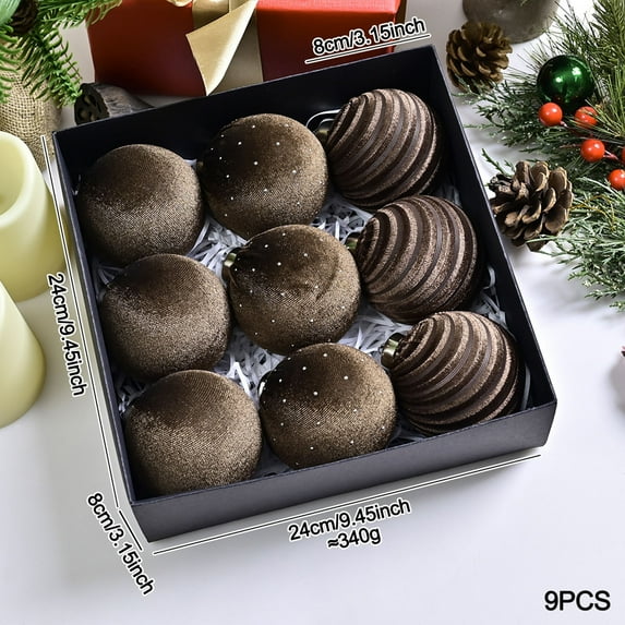 FEOLGEHLY 9 Pcs Large Farmhouse Christmas Tree Ornaments Set Velvet Balls, Shatterproof Christmas Bulbs Ornaments for Xmas Tree Decorative, Vintage Party Home Neutral Decorations, Coffee
