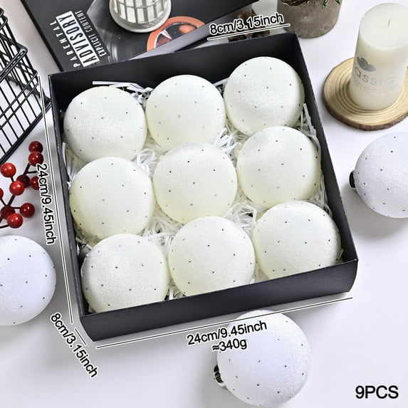 FEOLGEHLY 9 Pcs Large Farmhouse Christmas Tree Ornaments Set Velvet Balls, Shatterproof Christmas Bulbs Ornaments for Xmas Tree Decorative, Vintage Party Home Neutral Decorations, White