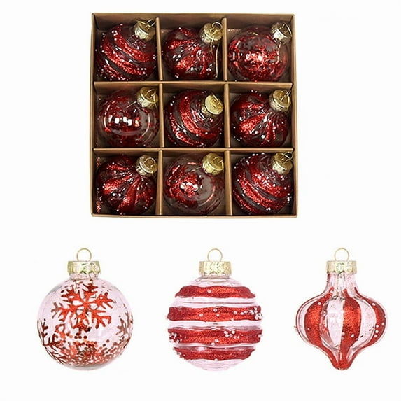 FEOLGEHLY 9 ct Christmas Ball Ornaments Sets, Shatterproof Clear Plastic Xmas Balls Baubles Set with Stuffed Delicate Sparkling, Hanging Christmas Tree Decorations (Red)