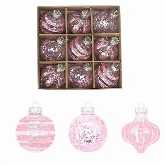 FEOLGEHLY 9 ct Christmas Ball Ornaments Sets, Shatterproof Clear Plastic Xmas Balls Baubles Set with Stuffed Delicate Sparkling, Hanging Christmas Tree Decorations (Pink)
