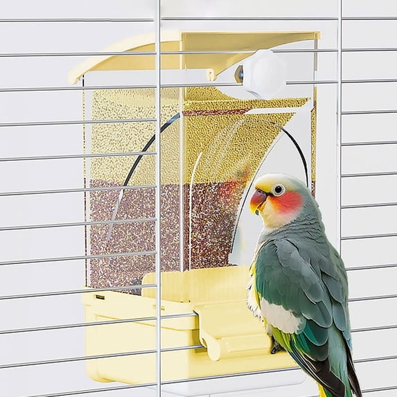 FEOLGEHLY Automatic Bird Feeder No Mess Bird Cage Feeder Transparent Acrylic Parrot Seed Food Container with Perch Cage Accessories for Parakeet Finch Lovebirds Budgies Canary (Yellow)