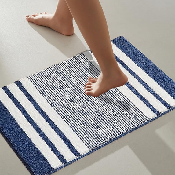 FEOLGEHLY Bath Mats for Bathroom Non Slip, Fluffy Absorbent Microfiber Bath mat Washable, Aesthetic Bathroom Rugs, Small Navy Blue Striped Bath Mat(Blue, 24" x 16")