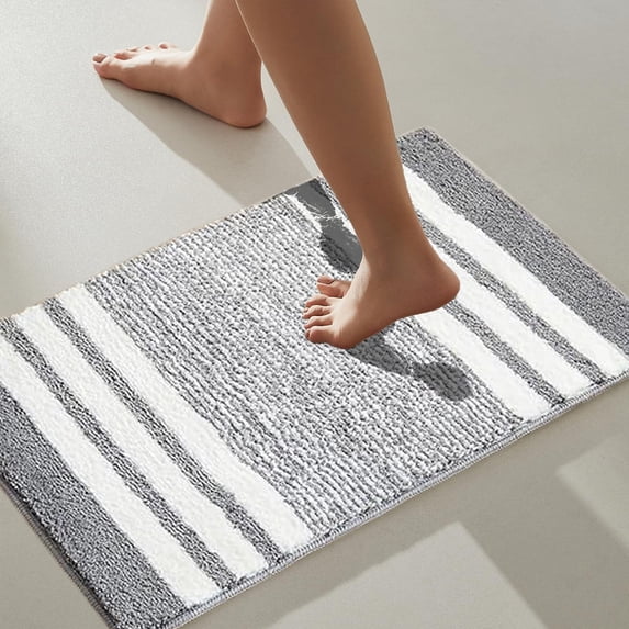 FEOLGEHLY Bath Mats for Bathroom Non Slip, Fluffy Absorbent Microfiber Bath mat Washable, Aesthetic Bathroom Rugs, Small Navy Blue Striped Bath Mat(Gray, 24" x 16")