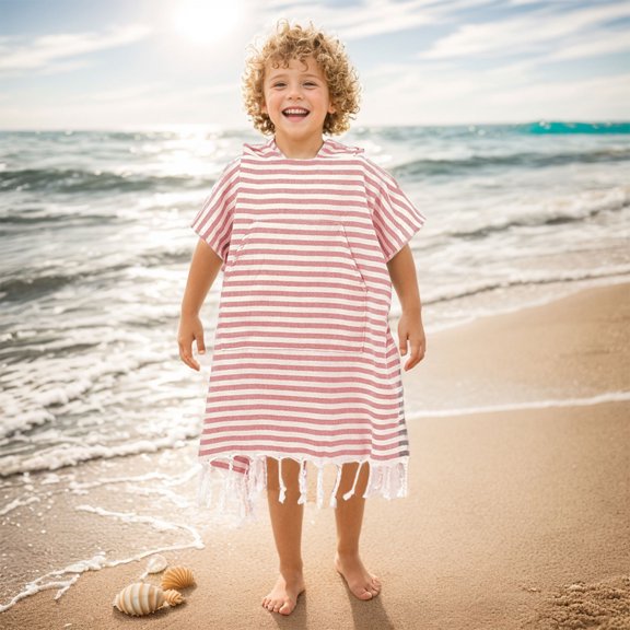 FEOLGEHLY Beach Hooded Cape 25.98×23.62 in with Striped Fringe, Beach Towel , Quick Dry Soft 100%Polyester Wetsuit, Sun Protection Lightweight Towel for Kids for Surfing Swimming Beach (Red)