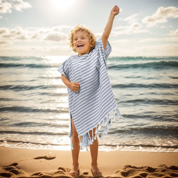 FEOLGEHLY Beach Hooded Cape 25.98×23.62 in with Striped Fringe, Beach Towel , Quick Dry Soft 100%Polyester Wetsuit, Sun Protection Lightweight Towel for Kids for Surfing Swimming Beach (Blue)