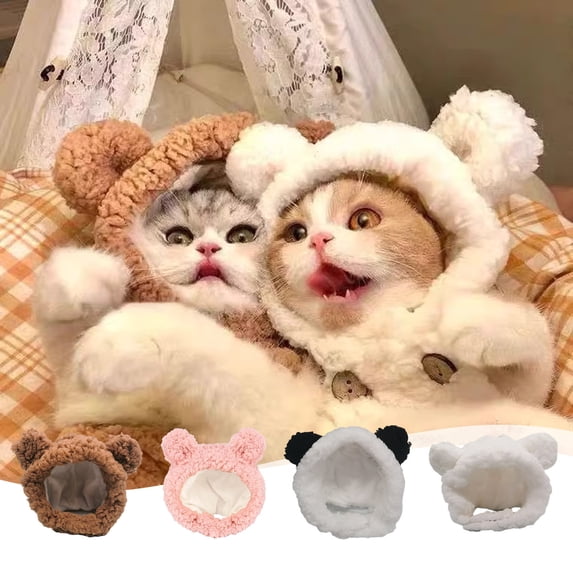 FEOLGEHLY Bear Plush Pet Hood Cute Knit Headband for Small Medium Dogs Cats Warm Winter Costume Decorative Cap Accessory for Kids Ages 3-6 Soft Cotton Linen (Brown)