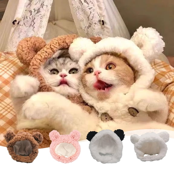 FEOLGEHLY Bear Plush Pet Hood Cute Knit Headband for Small Medium Dogs Cats Warm Winter Costume Decorative Cap Accessory for Kids Ages 3-6 Soft Cotton Linen (Brown)