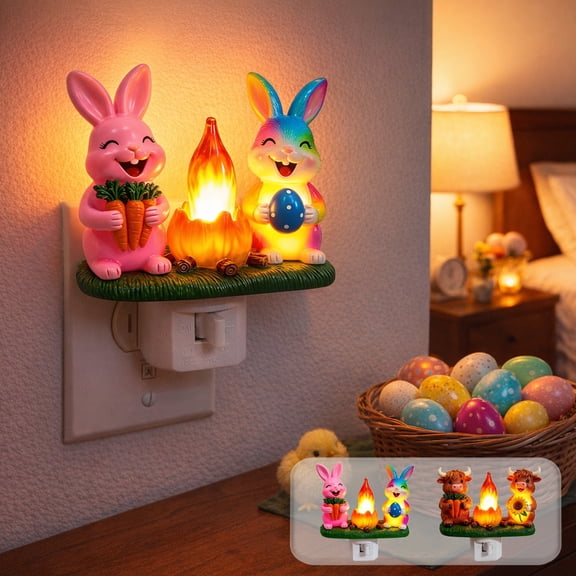 FEOLGEHLY Bunny Campfire Flickering Night Light, Easter Rabbit Egg Night Light Plug into Wall with Switch, Rabbit LED Lamp Wall Decorative for Hallway Stair Bedroom Easter Decoration Indoor, C