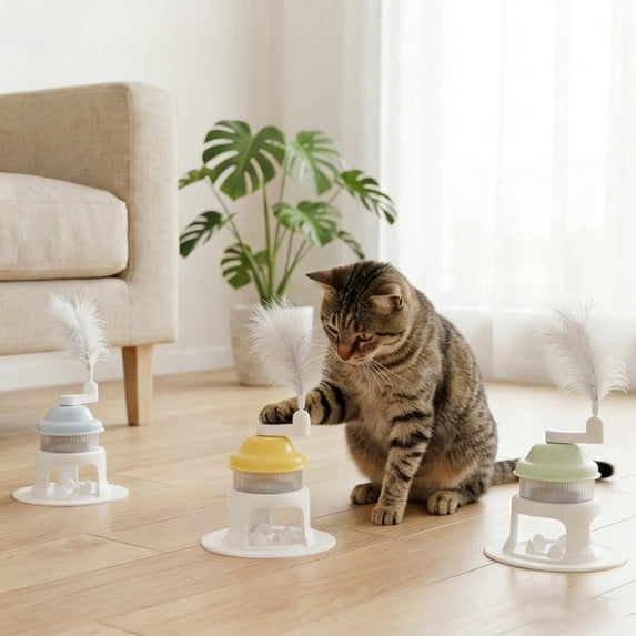 FEOLGEHLY Cat Treat Dispenser Toy Rotating Tumbler Puzzle Toy with Bell and Feather Interactive Food Leaking Toy for Cats and Dogs Smart Pet Toy for Ages 3+ (Green)