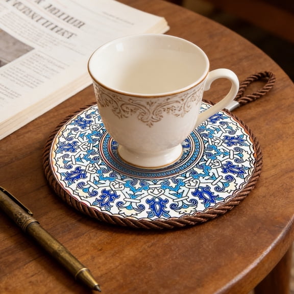 FEOLGEHLY Ceramic Trivet Mat, Vintage Floral Print Heat Resistant Table Protector, Soft Cork Base Thick Durable Non Scratch, 9.37x6.69 Inch with Hanging Loop, for Hot Pots Pans Cups Kitchen Use
