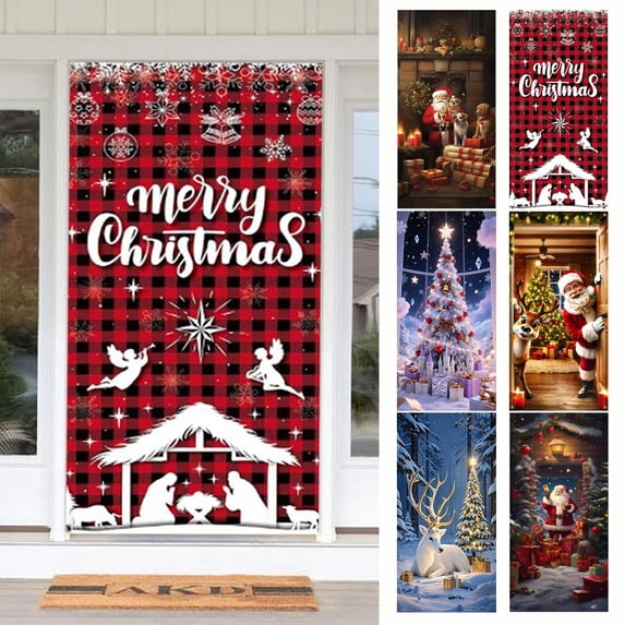 FEOLGEHLY Christmas Door Cover Buffalo Check Plaid Door Decoration Xmas Jesus Is The Reason for The Season Backdrop Nativity Banner Religious Sign for Winter Holiday Outdoor Wall Home Party Supplies