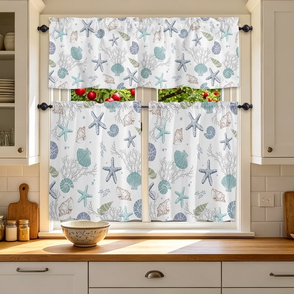 FEOLGEHLY Coastal Kitchen Curtains and Valances Set, Rod Pocket Ocean Theme Tier Curtains 54 Inch Length, 3 Piece Nautical Starfish Seashells Short Cafe Drapes Sea Coral Beach Conch Window Treatments