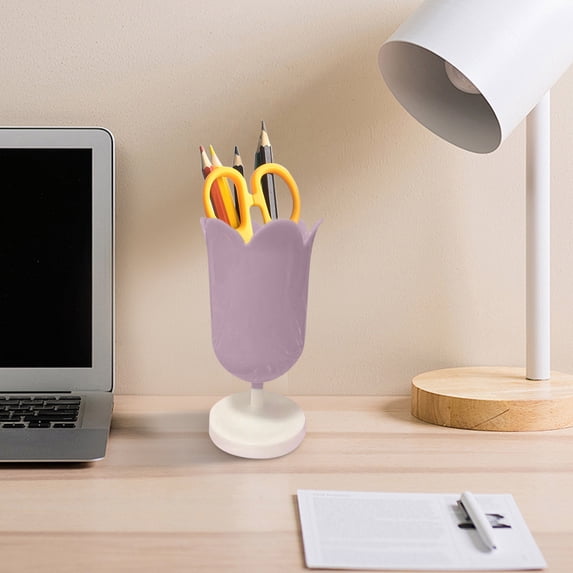 FEOLGEHLY Cute Flower Shaped Plastic Pen Pencil Holder for Desk Notebook, Pen Organizer Cup, Decorative Storage Box for Home Office Desktop Stationery and Makeup Brush Organization, Purple