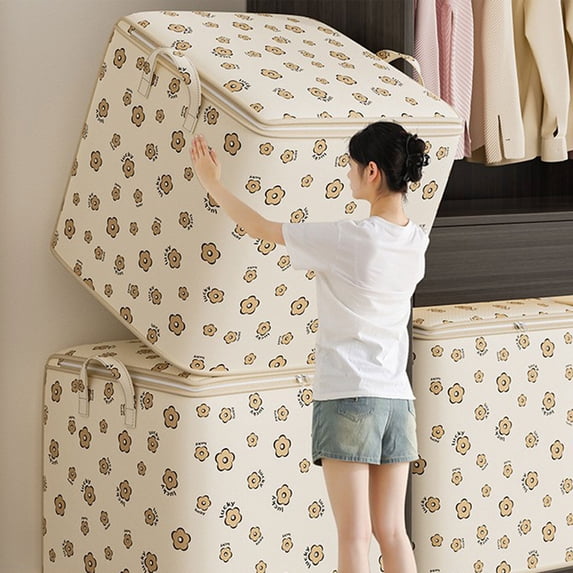 FEOLGEHLY Cute Print Blanket Storage Containers, Breathable Clothes Bedding Pillow Sheet Comforter Storage Bags with Zipper for Clothes, Non-woven Moving Quilt Large Capacity Storage Bins, Beige
