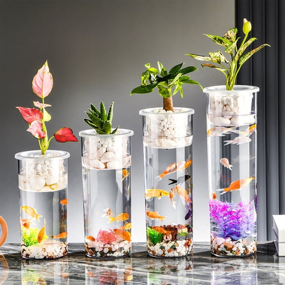 FEOLGEHLY Cylinder Round Aquarium L Size Transparent Acrylic Fish Tank Desktop Clear Viewing Space-Saving Design for Home Office Living Room