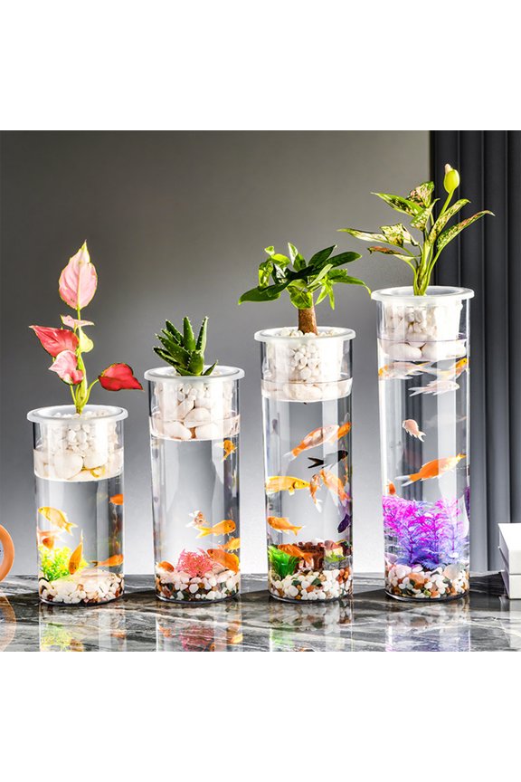 Cylinder Round Aquarium L Size Transparent Acrylic Fish Tank Desktop Clear Viewing Space-Saving Design for Home Office Living Room