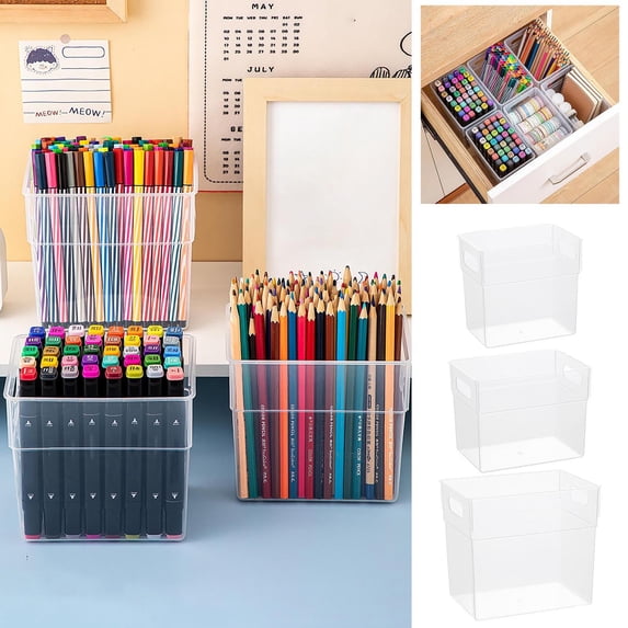 FEOLGEHLY Desktop Drawer Clear Plastic Storage Box, Stationery Marker Organizer with Handle, Multifunctional for Cosmetics Sundries Home Office (B)