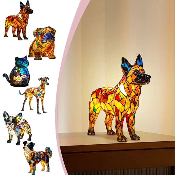 FEOLGEHLY Dog Lamp, Dog Series Art Night Light, Dogs Stained Resin Accent Table Lamp Night Light for Bedside Living Room Bedroom Animal Pet Lovers Home Decoration, D