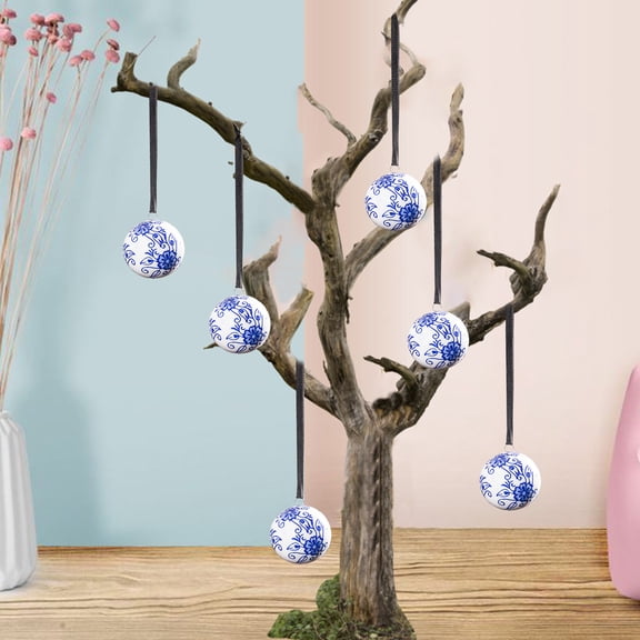 FEOLGEHLY Domensi Porcelain Ornaments for Christmas Tree, Chinoiserie Porcelain Ceramic Christmas Balls, Blue and White Hanging Balls Xmas Orbs with Ribbon for Home Decorations
