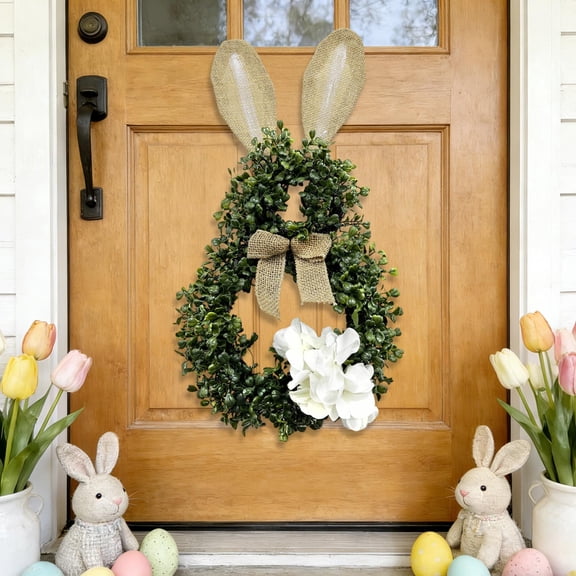 FEOLGEHLY Double Ring Bunny Easter Wreaths for Front Door, Wall Decor with Artificial Foliage and Elegant Bow, Bunny Silhouette Door Hanging for Spring Celebration, Indoor Outdoor Holiday Ornament