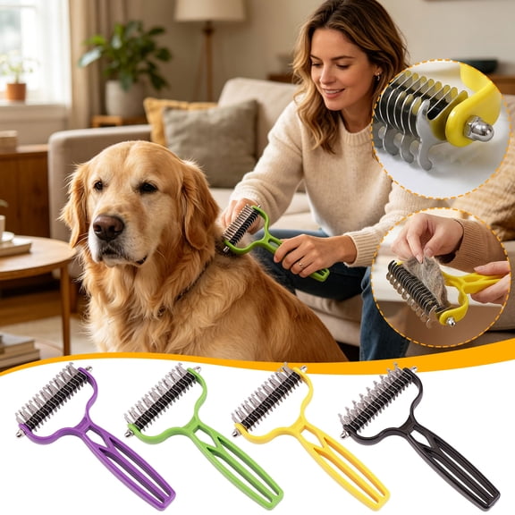 FEOLGEHLY Double Sided Pet Dematting Comb for Dogs and Cats, Undercoat Rake with Stainless Steel Blades, Safe Deshedding and Detangling Pet Brush for Long Hair Grooming (Black)