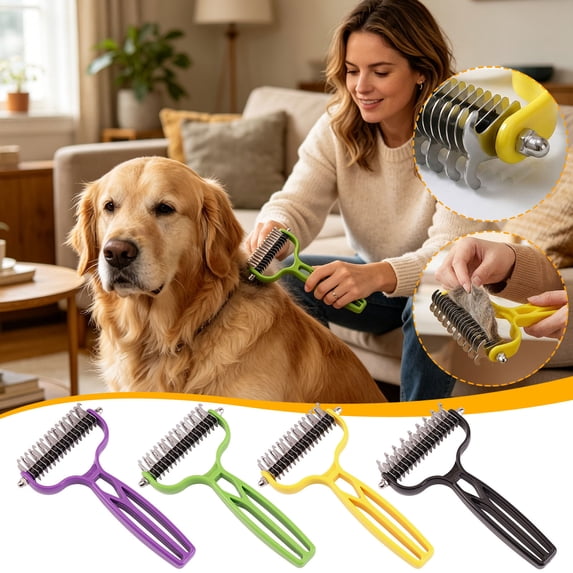 FEOLGEHLY Double Sided Pet Dematting Comb for Long Hair Dogs and Cats, Undercoat Rake with Stainless Steel Blades, Safe Deshedding and Detangling Pet Brush for Grooming (Purple)