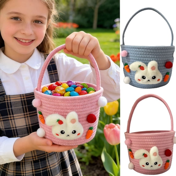 FEOLGEHLY Easter Basket, Small Easter Basket with Handle, Empty Bunny Carrot Basket, Woven Cotton Easter Egg Hunting Bucket, Easter Gifts Basket Storage Basket for Party Favors Candy, Pink