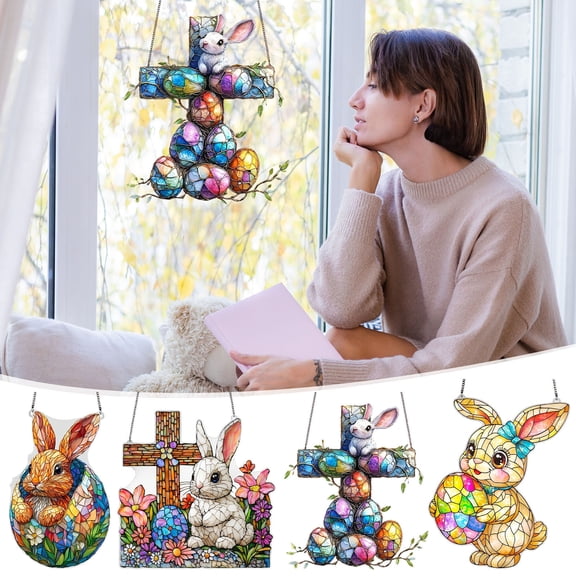 FEOLGEHLY Easter Egg Bunny Suncatcher for Windows Hanging, Stained Glass Style Acrylic Ornament with Chain, Farm Animal Sun Catcher Ornament for Home Summer Easter Decorations Indoor