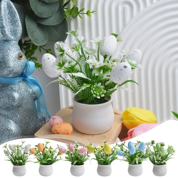 FEOLGEHLY Easter Egg Mini Potted Plants, Simulation Plant with Speckled Egg Design, Artificial Desk Decor for Home Office Mantel, Fake Plant for Table Centerpiece, Spring Holiday Decor, White