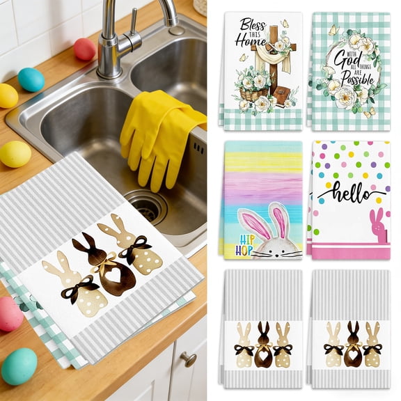 FEOLGEHLY Easter Kitchen Towels Set of 2, 18x26 inch Colorful Bunnies Dish Cloths, Rabbit Floral Eggs Farmhouse Design, Spring Holiday Hand Towels for Bathroom Kitchen Easter Decorations