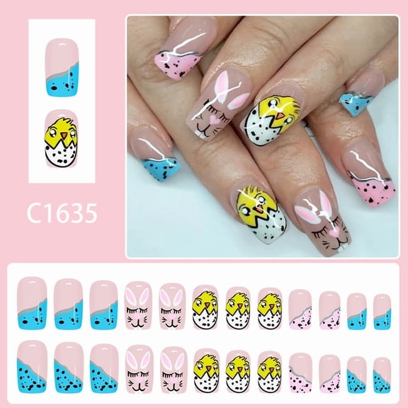FEOLGEHLY Easter Press On Nails Bunny Short Square Glossy Fake Nails With Pink Bunny Irregular French Tip Designs Reusable Spring Stick On Nails For Women 24pcs (multicolor)